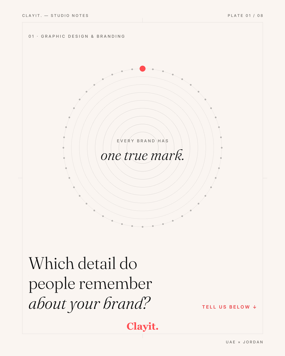 Branding moodboard with logo sketches, colour swatches and type samples in the Clayit. cream and coral palette