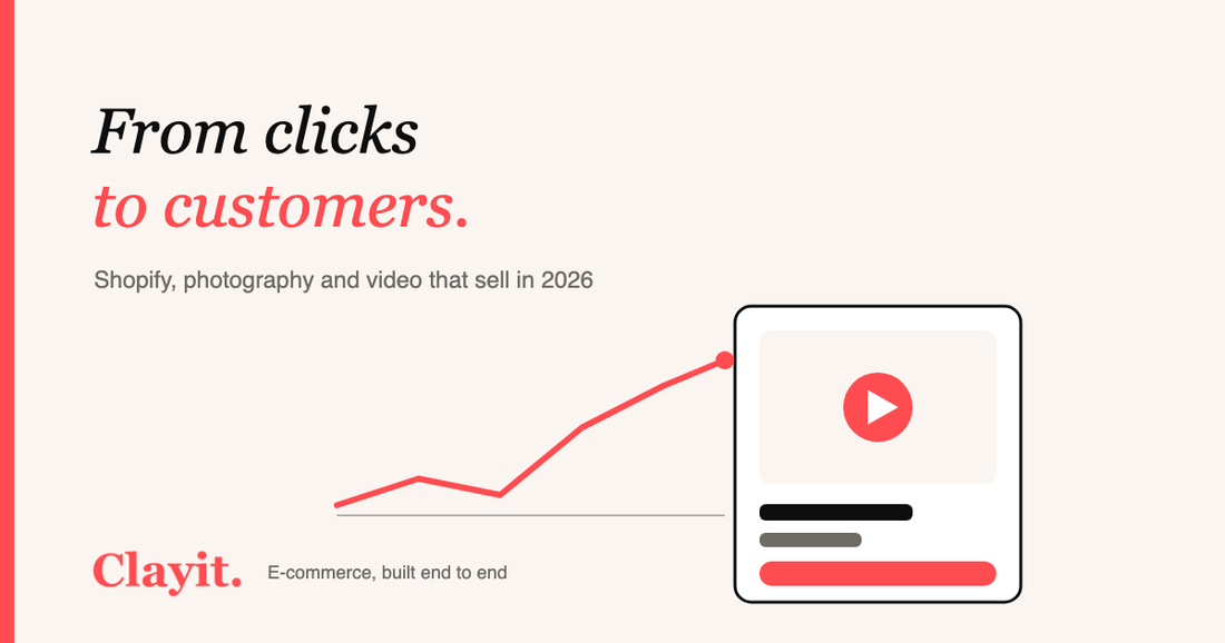 Shopify product page with video and rising sales graph in Clayit. cream and coral palette with the Clayit logo