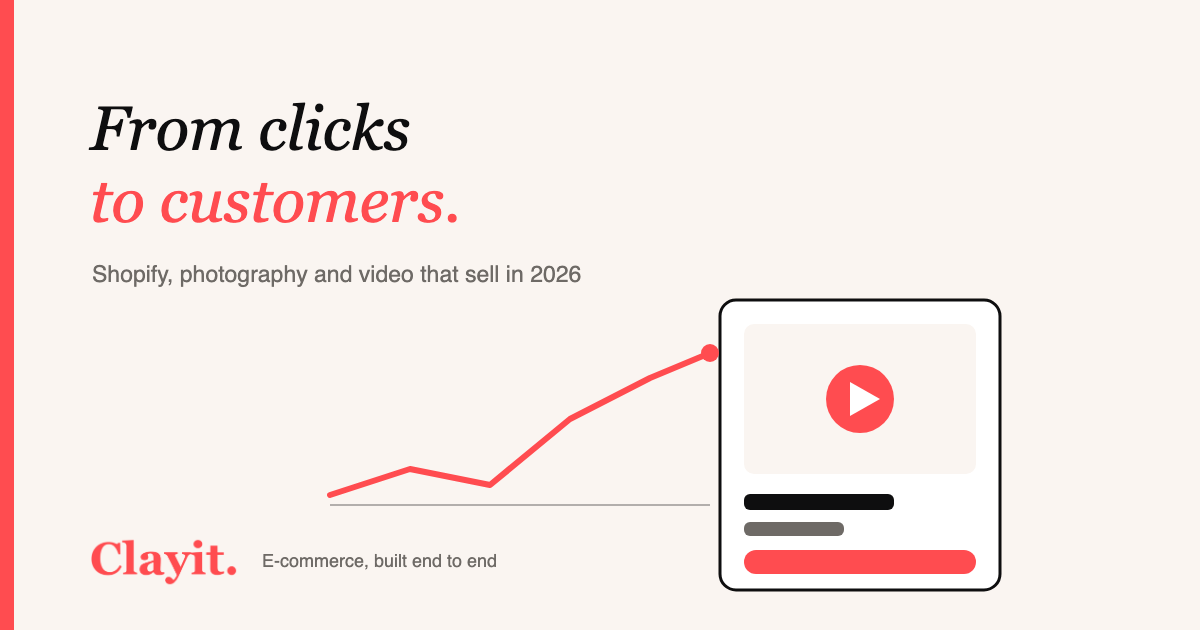 Shopify product page with video and rising sales graph in Clayit. cream and coral palette with the Clayit logo