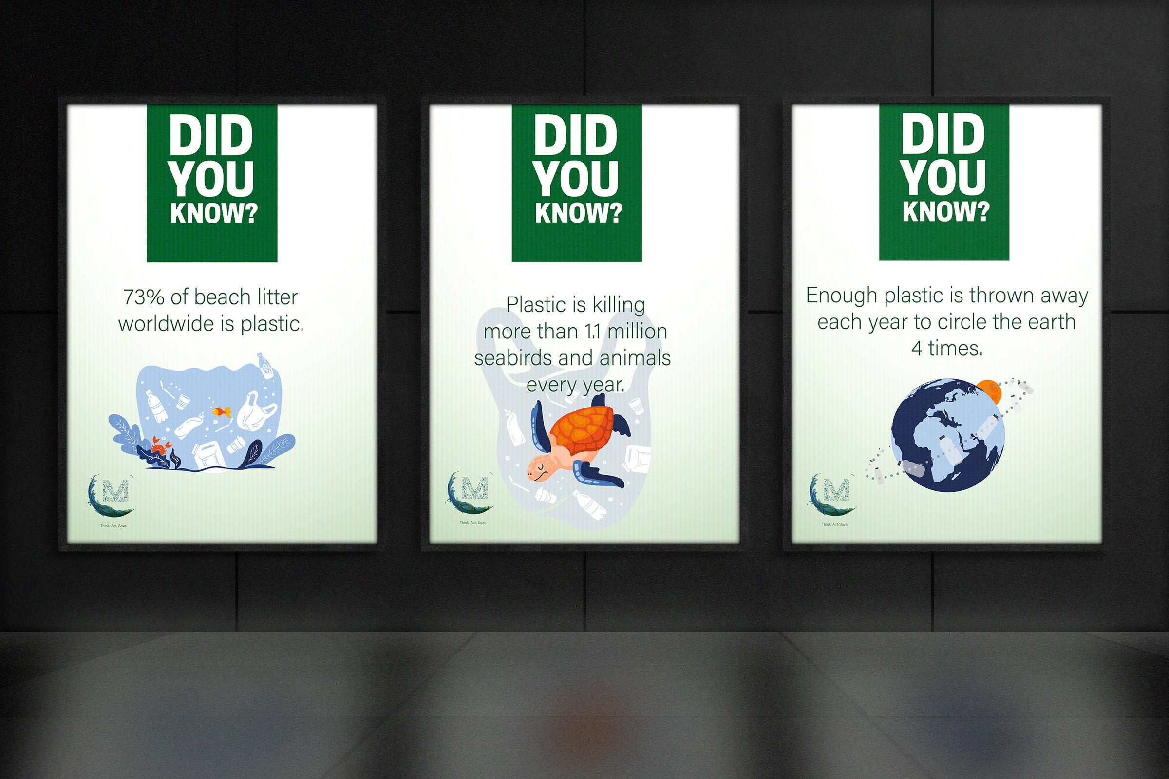 The three posters running on dark digital screens