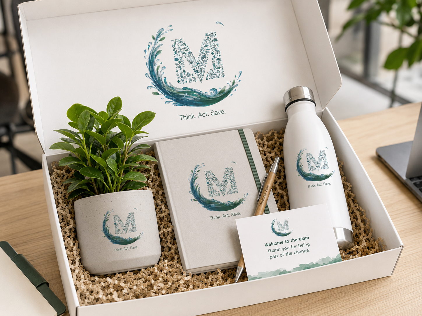 Employee welcome gift set on a wooden tray