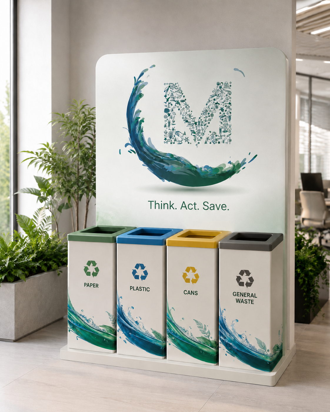 Branded recycling bins in an office