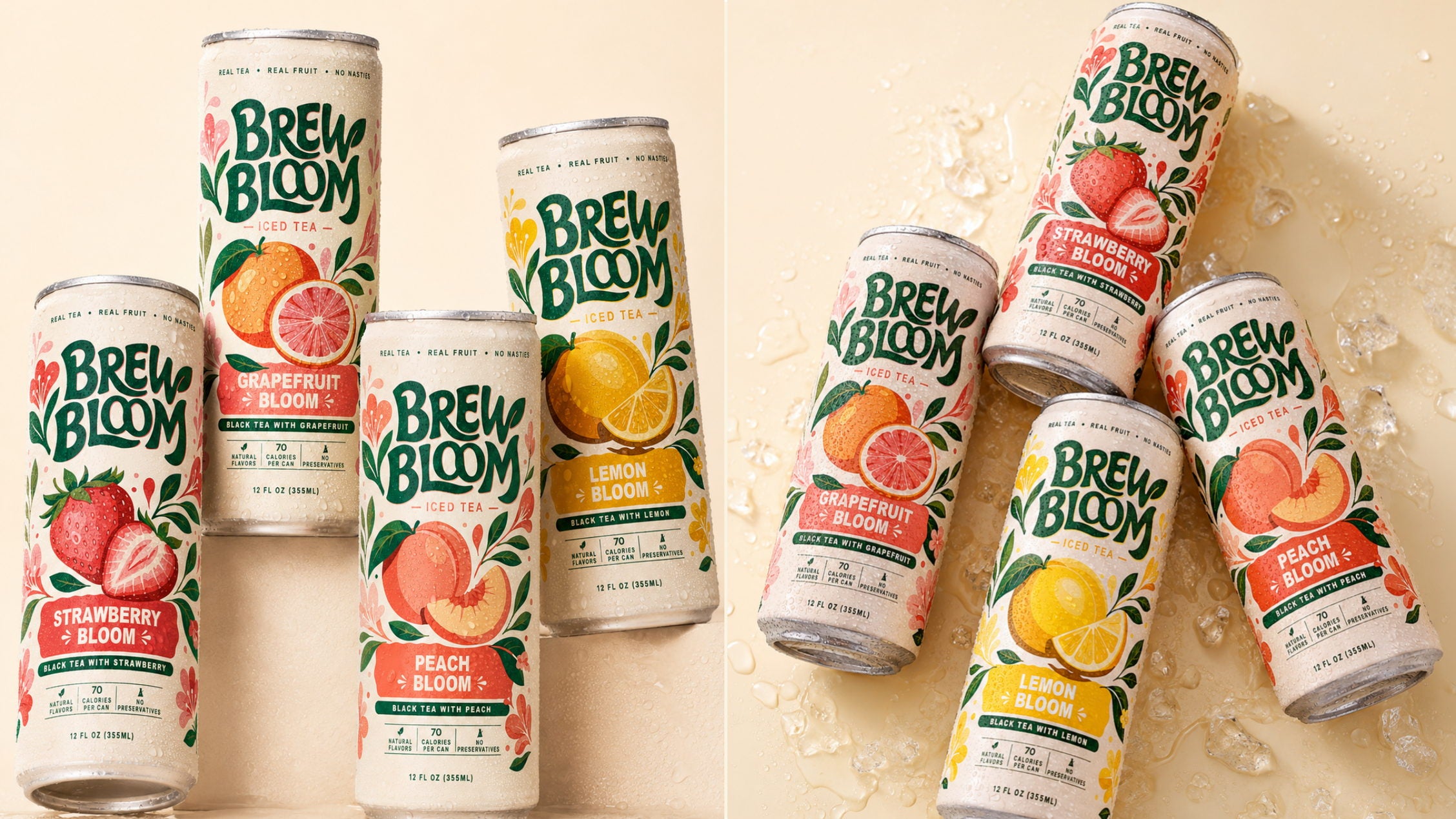 The four iced tea cans arranged on a warm surface